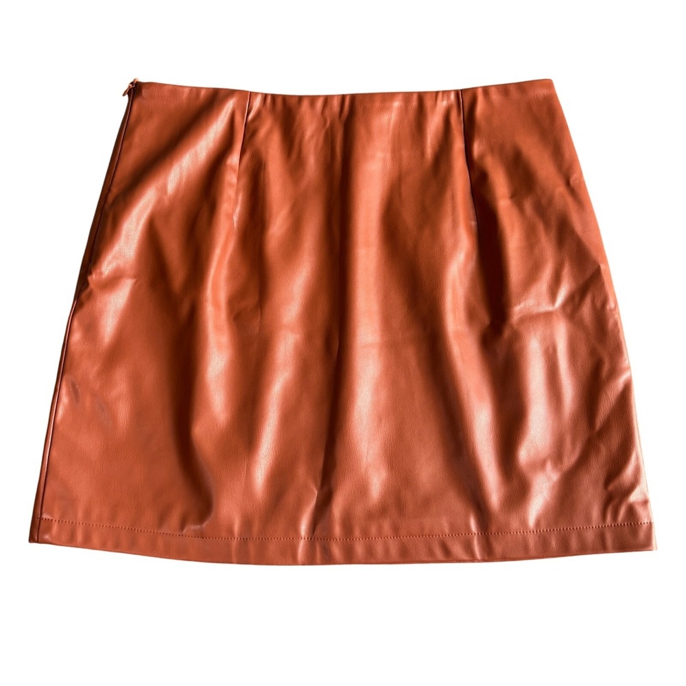 Women Faux Leather Mini Skirt Orange A Line Zip‎ Closure Size M